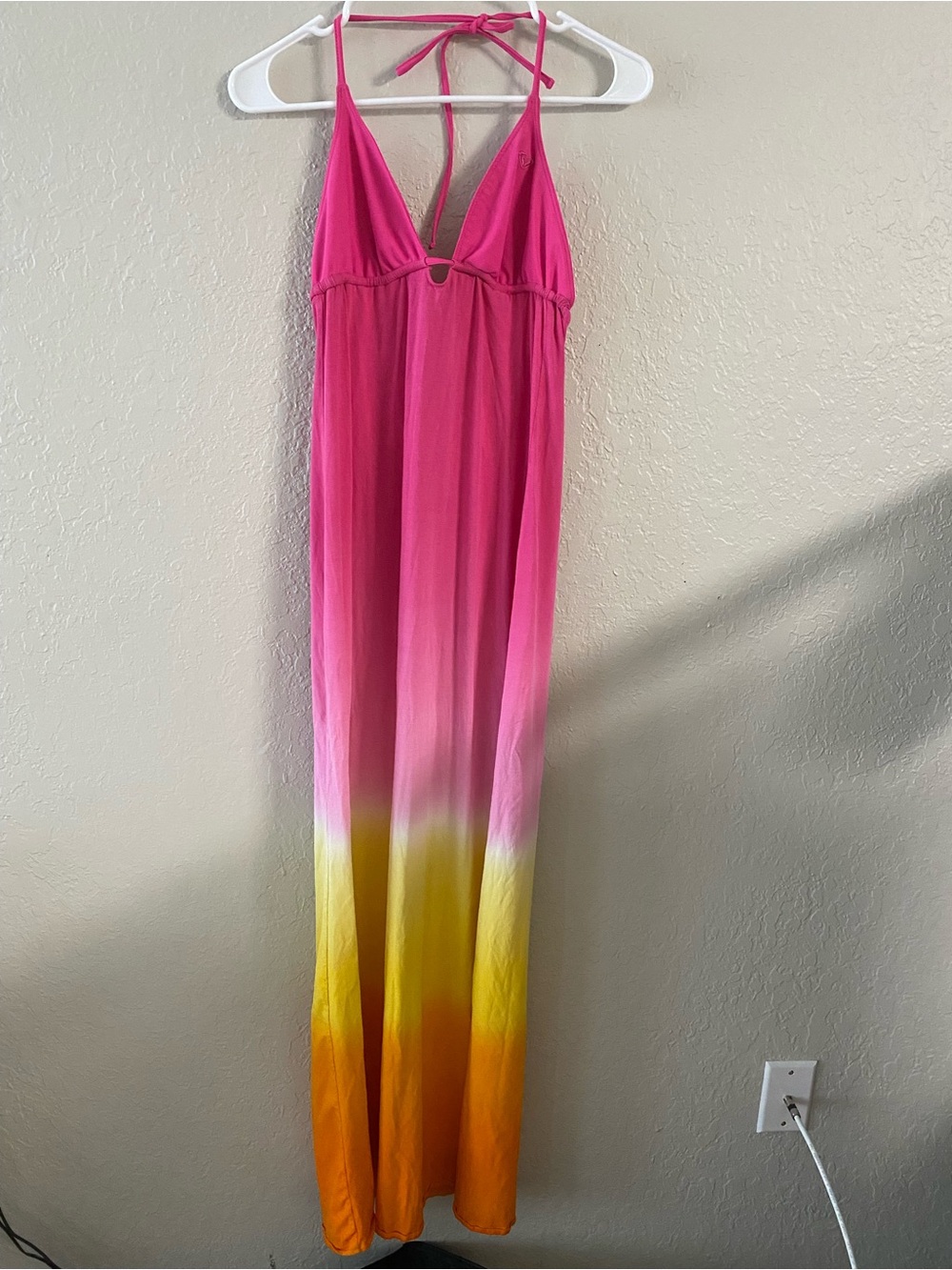 Roxy Pink Yellow Orange Ombre Halter Maxi Dress